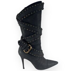 Manolo Blahnik YKK Mid Calf Strap Studded Leather Black Boots Stilettos -  38